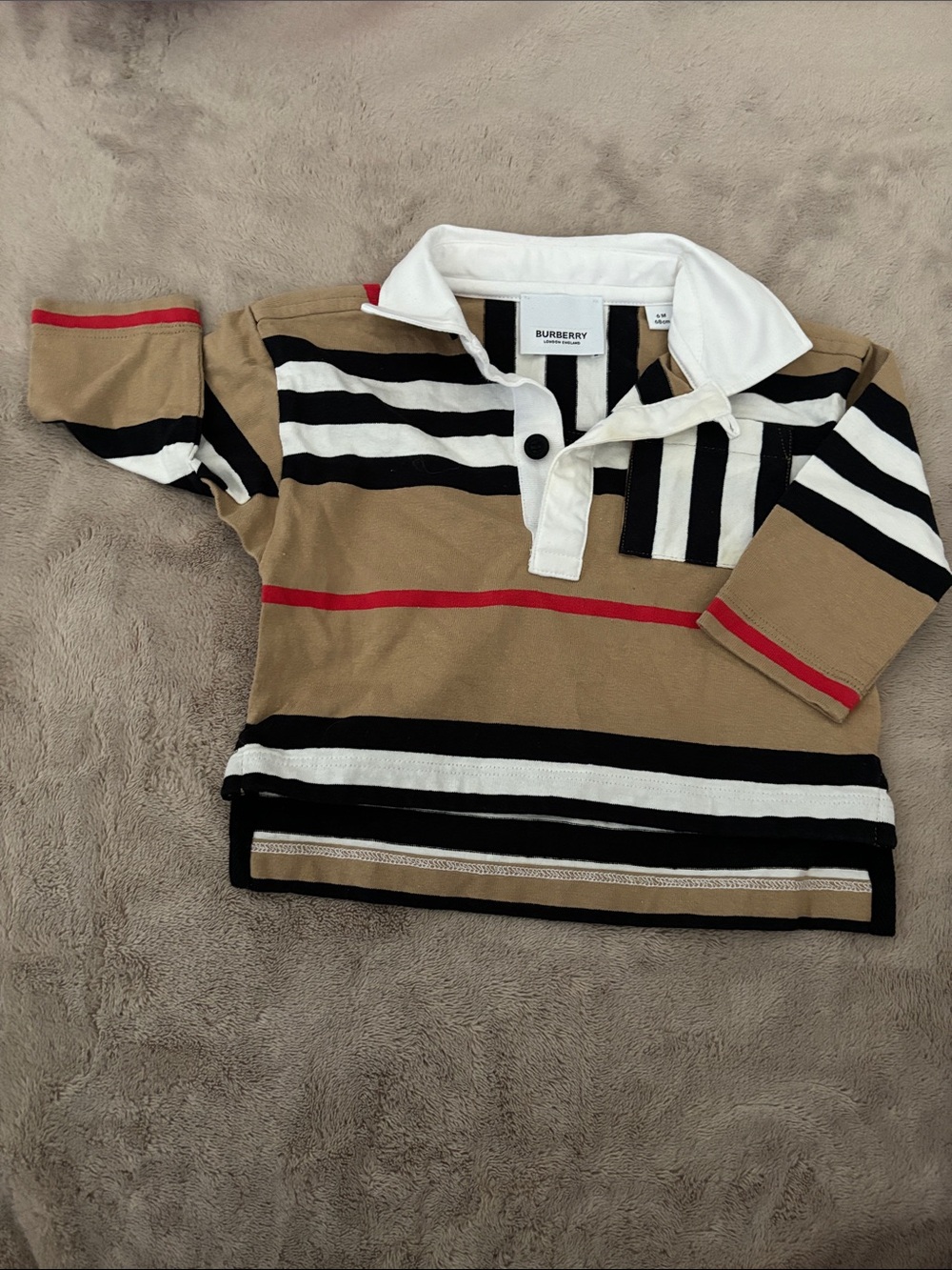 Burberry Kids Beige Polo with Black, White & Red Stripes